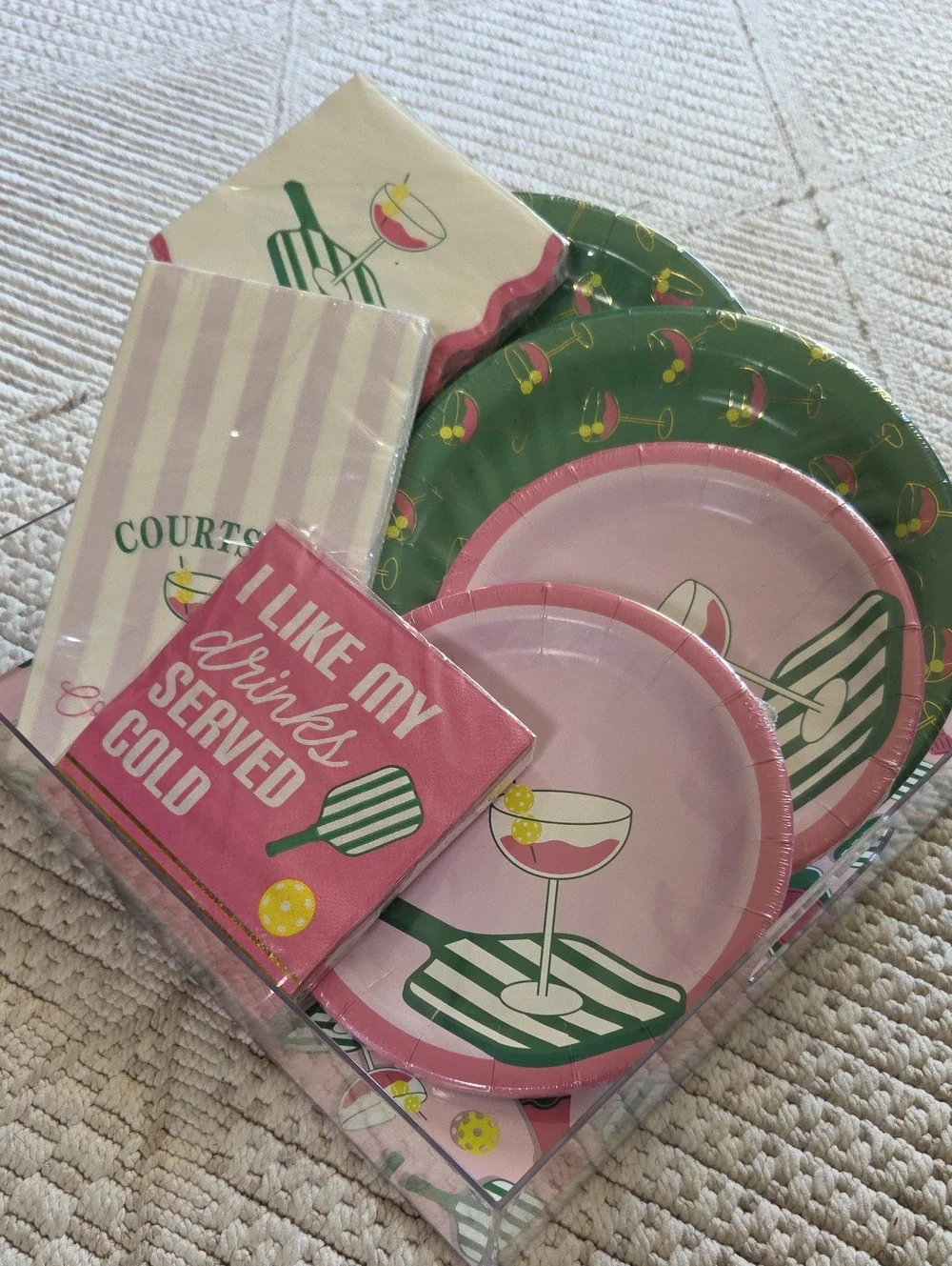 Celebrate It Pickleball Pink & Green Cocktail Party Plates & Napkins